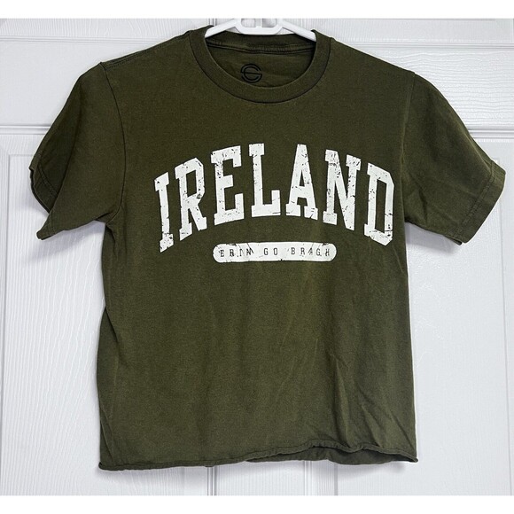 Army Green Y2K Tee Ireland Erin Go Bragh Crop Size XS Cotton - Picture 1 of 5